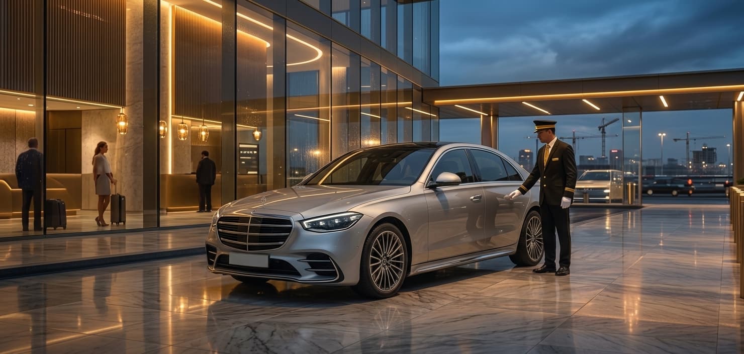 Luxury black Mercedes chauffeur car waiting for airport transfer pickup by CABS WALTON Walton On Thames taxi service